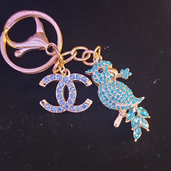 Upcycled Jewelry - Chic Gold and Blue Parrot Keychain #23
